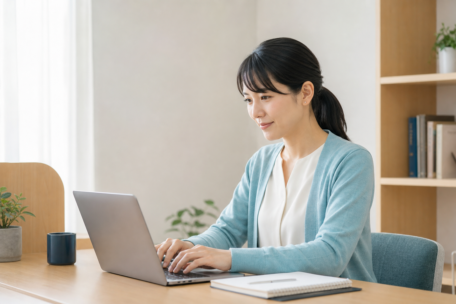 明るいデスクでパソコンを使って学ぶ30代の日本人女性