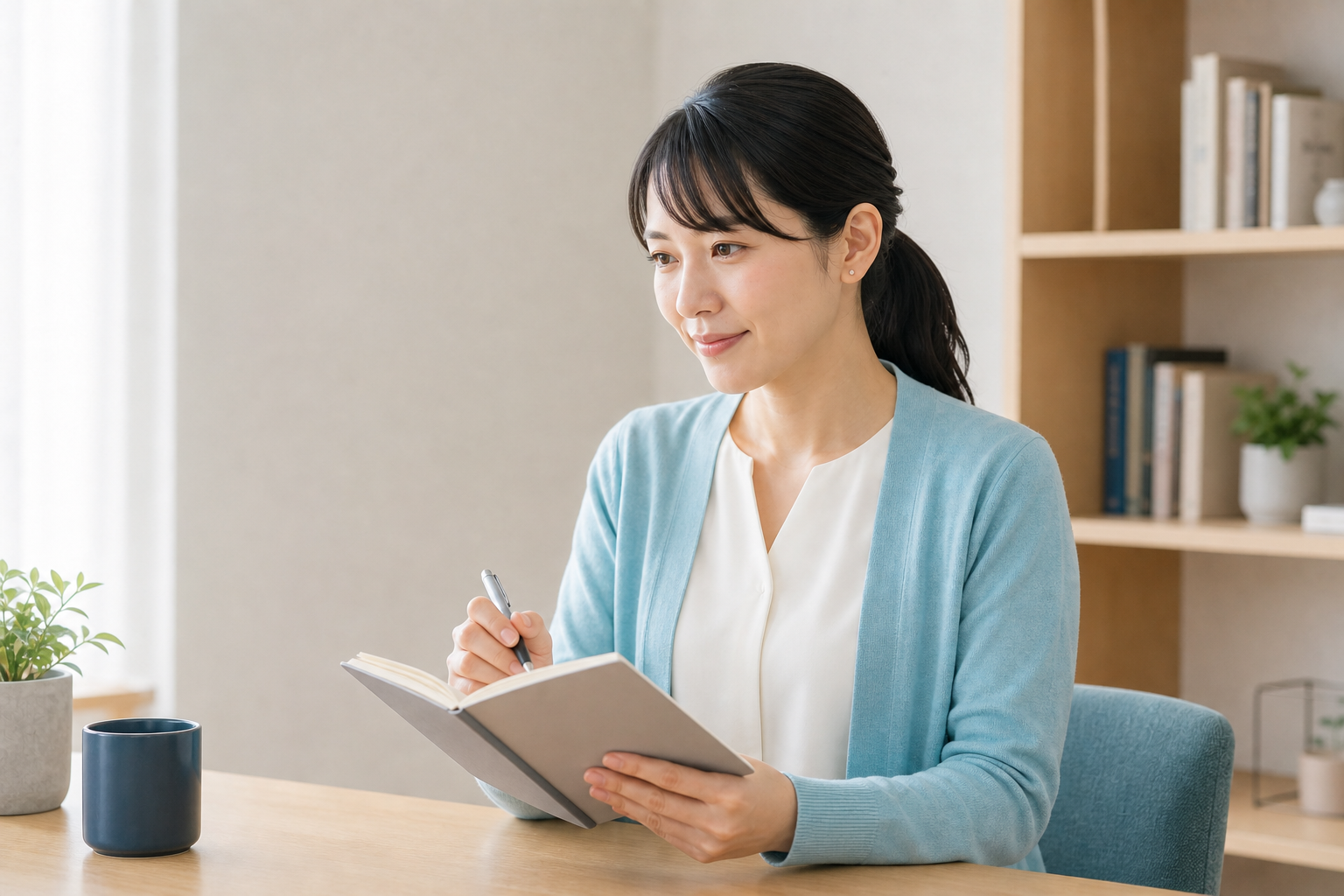 ノートを手に穏やかに微笑む30代の日本人女性