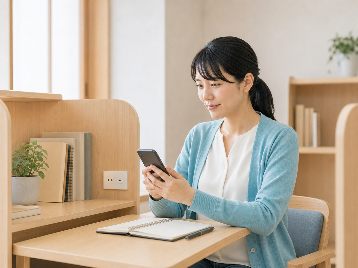 個別デスクでスマートフォンを確認する同じ女性